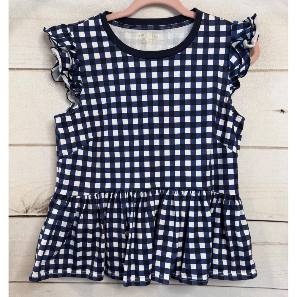 Kate Spade New York Navy‎ Blue Gingham Ruffle Peplum Cotton Top Womens Medium